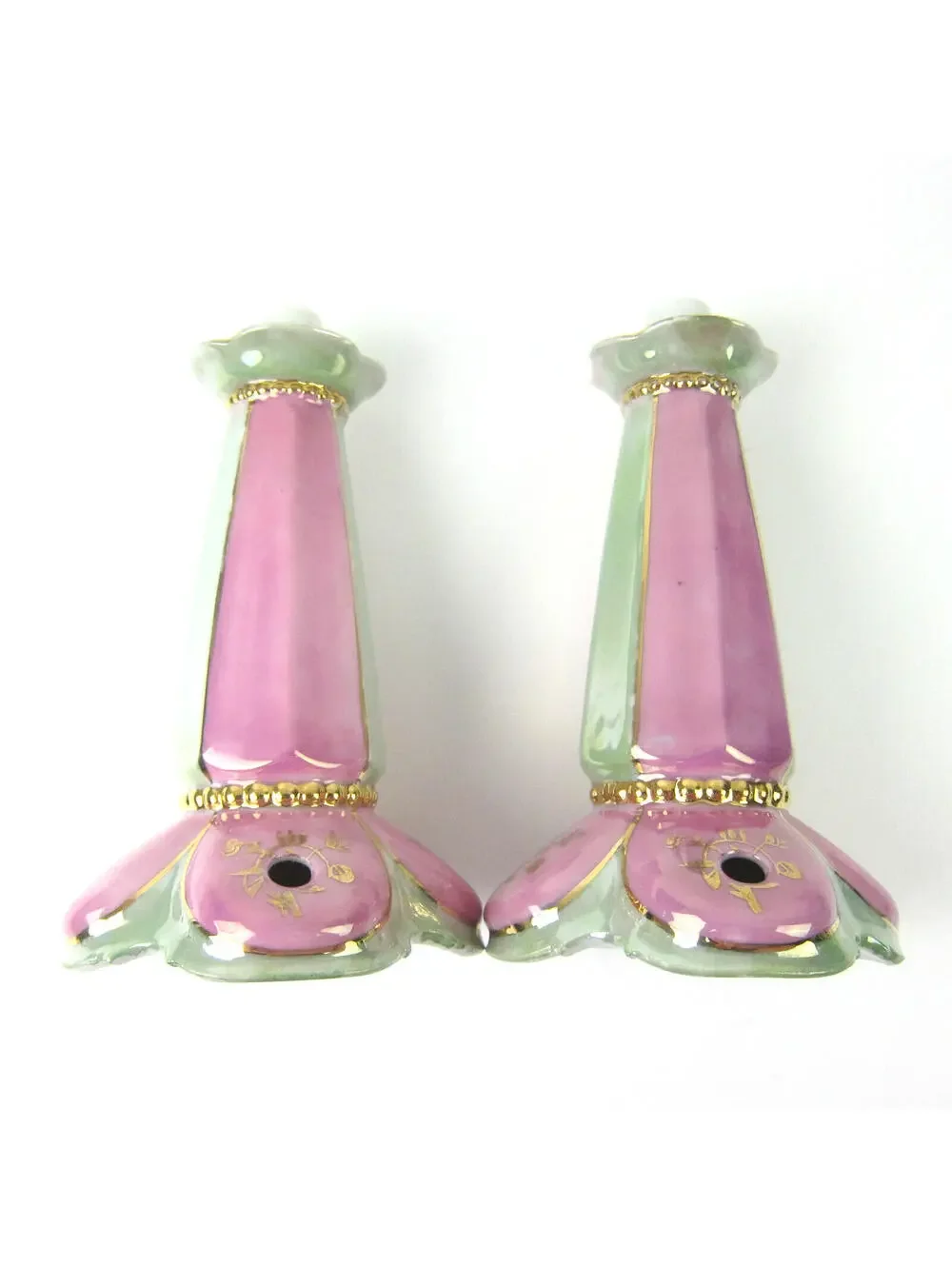 Antique Porcelain Lusterware Lamp Base Pink Green Gold Angelica Kauffman Germany